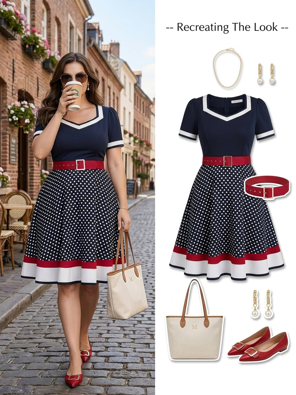 Robe midi grande taille — Buste marine uni et jupe à pois