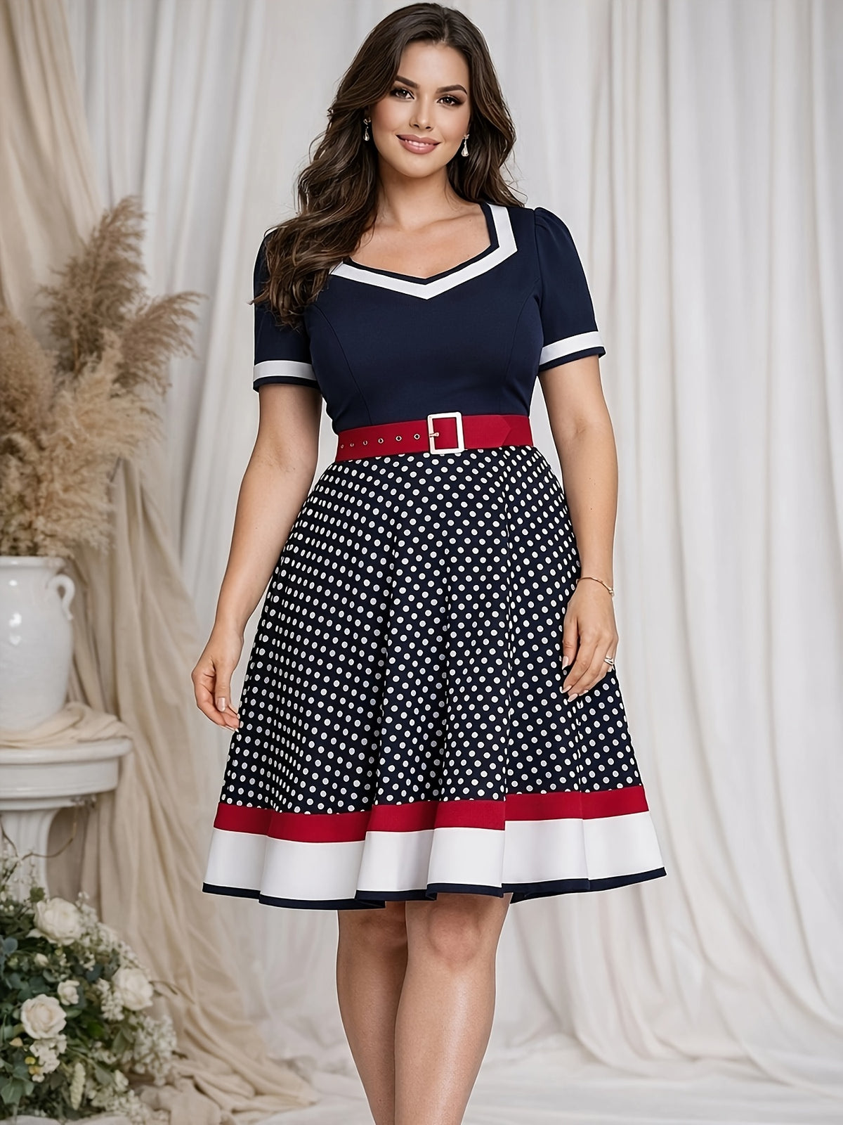 Robe midi grande taille — Buste marine uni et jupe à pois