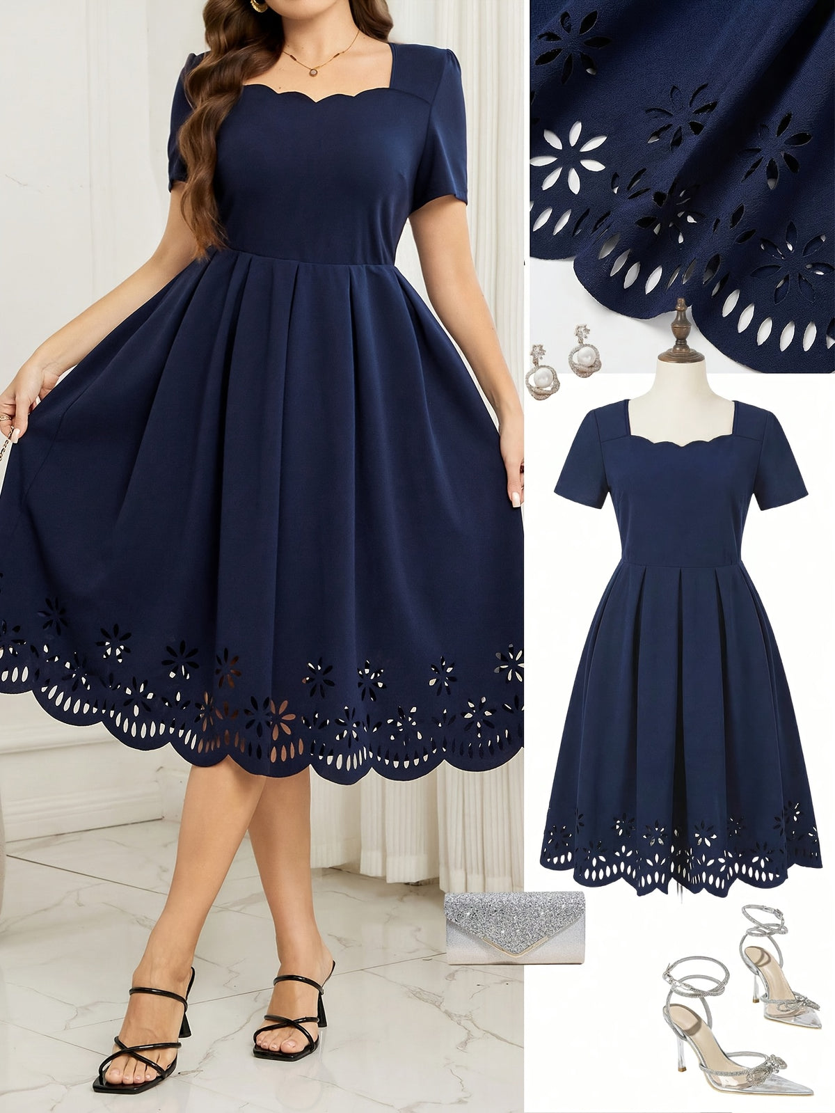 Robe midi grande taille — Marine à ourlet ajouré festonné