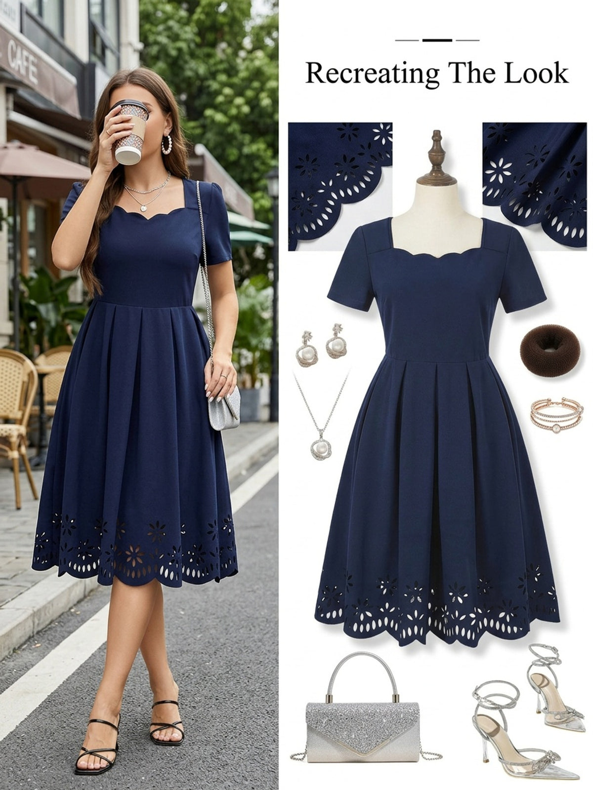 Robe midi grande taille — Marine à ourlet ajouré festonné