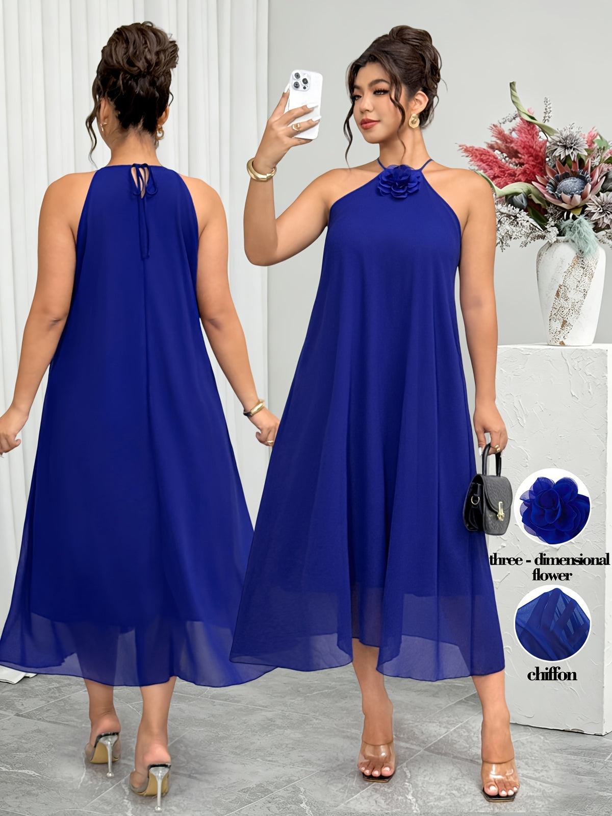 Robe midi grande taille — Mousseline bleue et fleur en relief