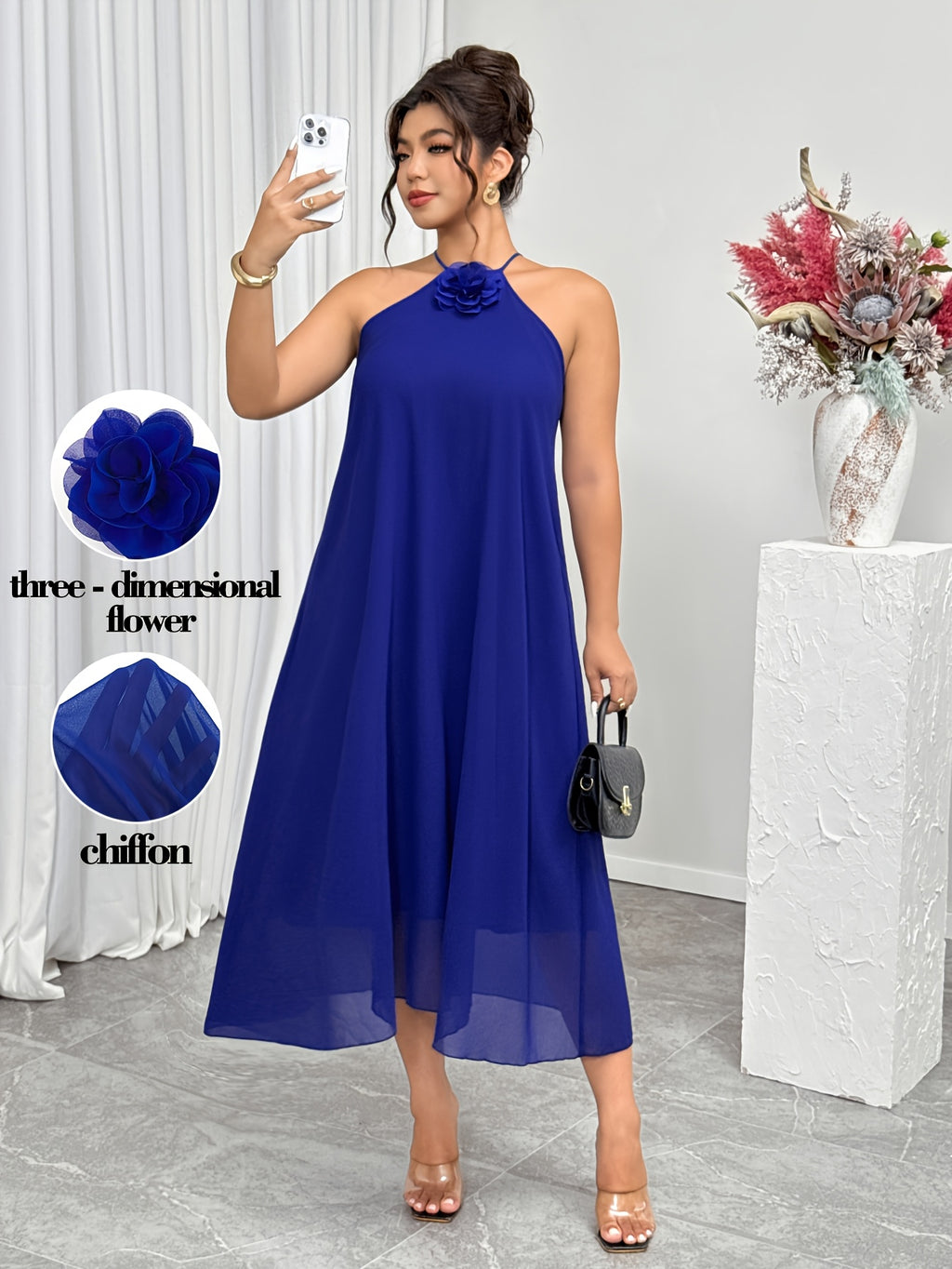 Robe midi grande taille — Mousseline bleue et fleur en relief