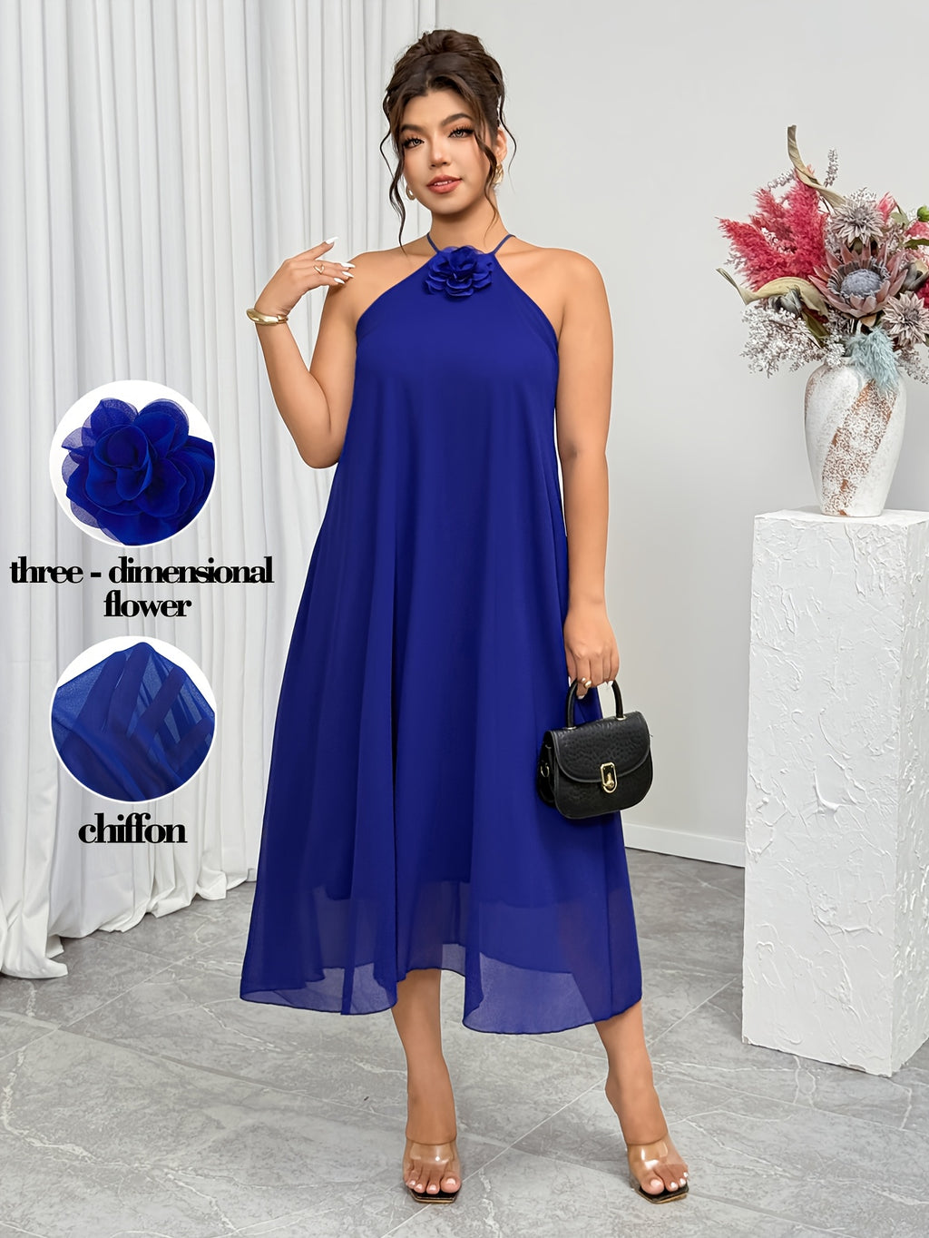Robe midi grande taille — Mousseline bleue et fleur en relief