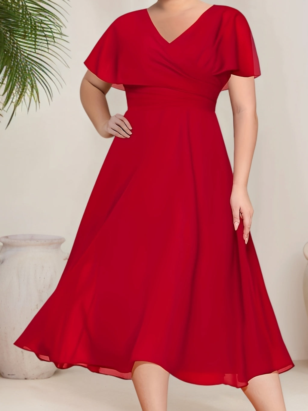 Robe midi grande taille — Mousseline à manche cape drapée