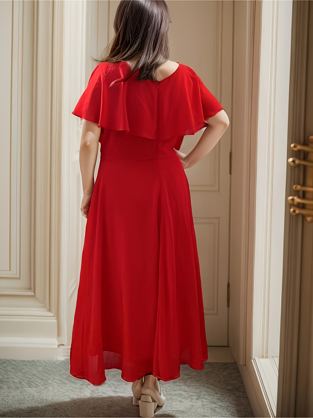 Robe midi grande taille — Mousseline à manche cape drapée