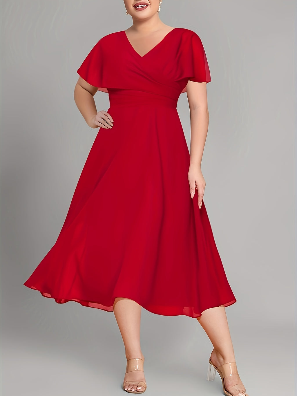 Robe midi grande taille — Mousseline à manche cape drapée