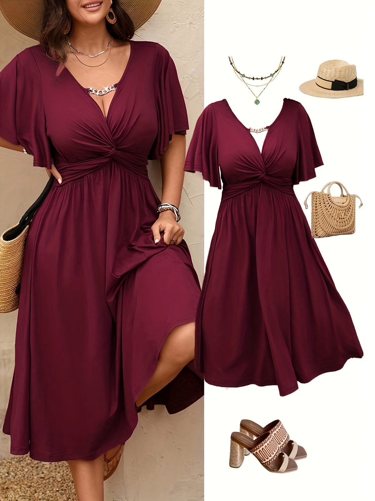 Robe midi grande taille — Buste à torsade et fente latérale