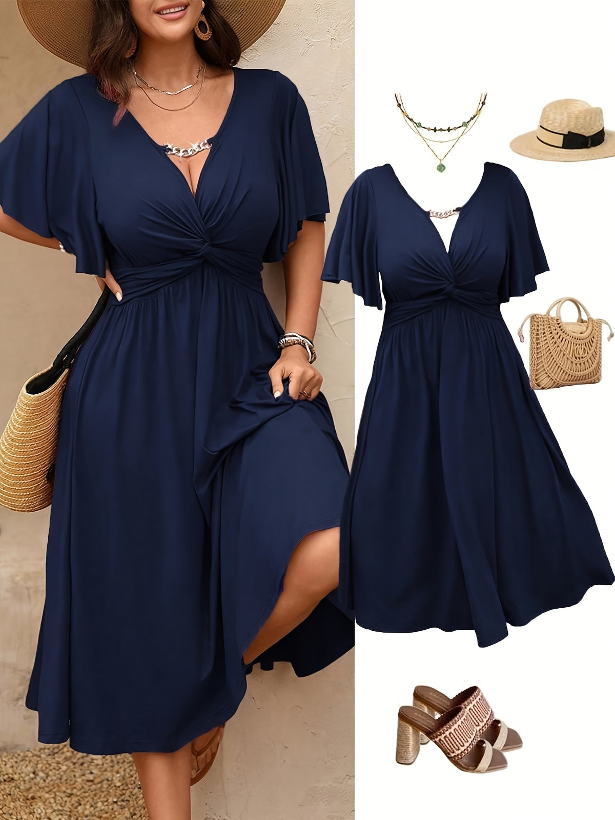 Robe midi grande taille — Buste à torsade et fente latérale