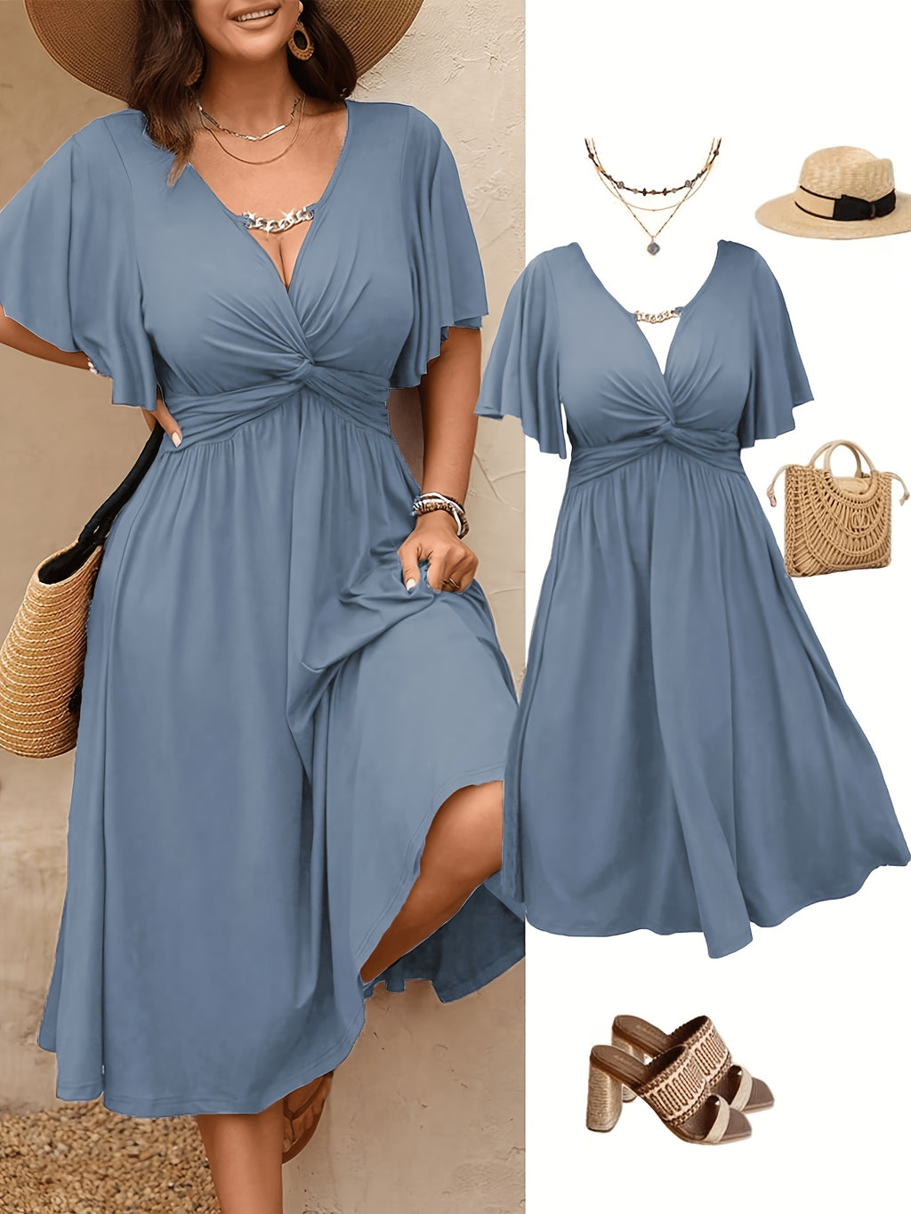 Robe midi grande taille — Buste à torsade et fente latérale