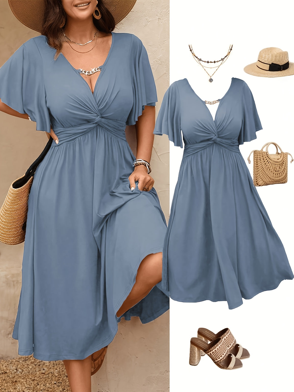 Robe midi grande taille — Buste à torsade et fente latérale