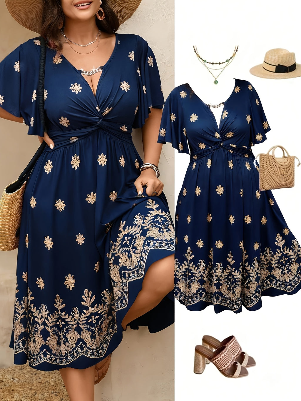 Robe midi grande taille — Buste à torsade et fente latérale