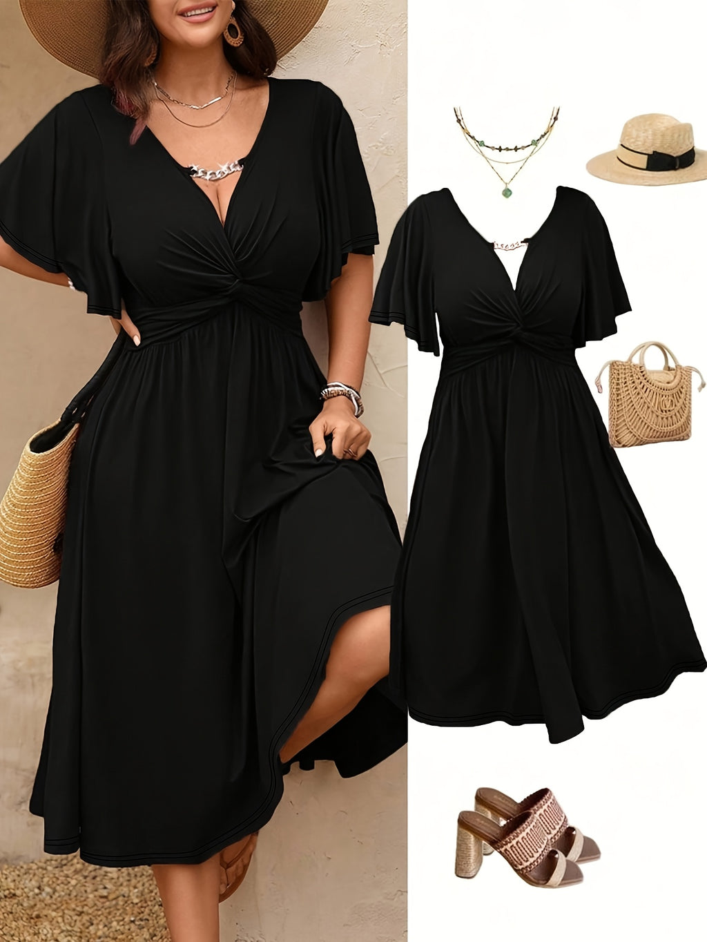 Robe midi grande taille — Buste à torsade et fente latérale