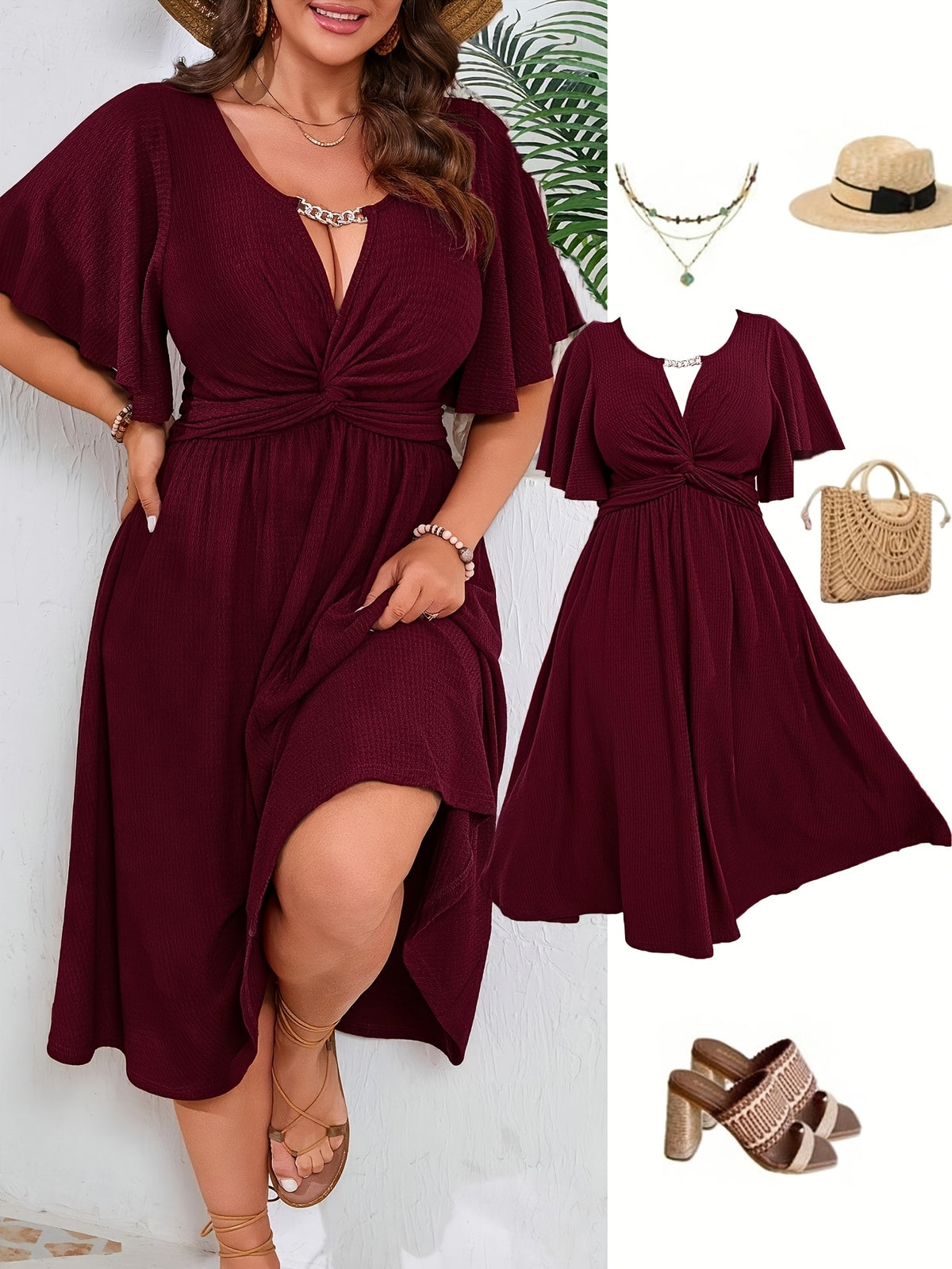 Robe midi grande taille — Buste à torsade et fente latérale