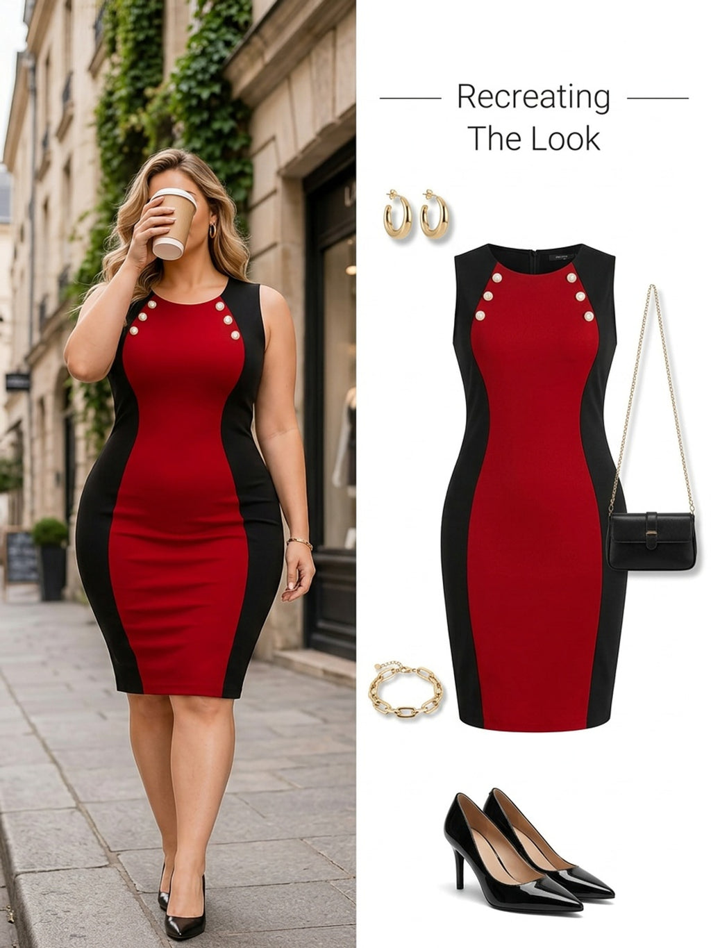 Robe midi grande taille — Panneaux rouges et noirs contrastés
