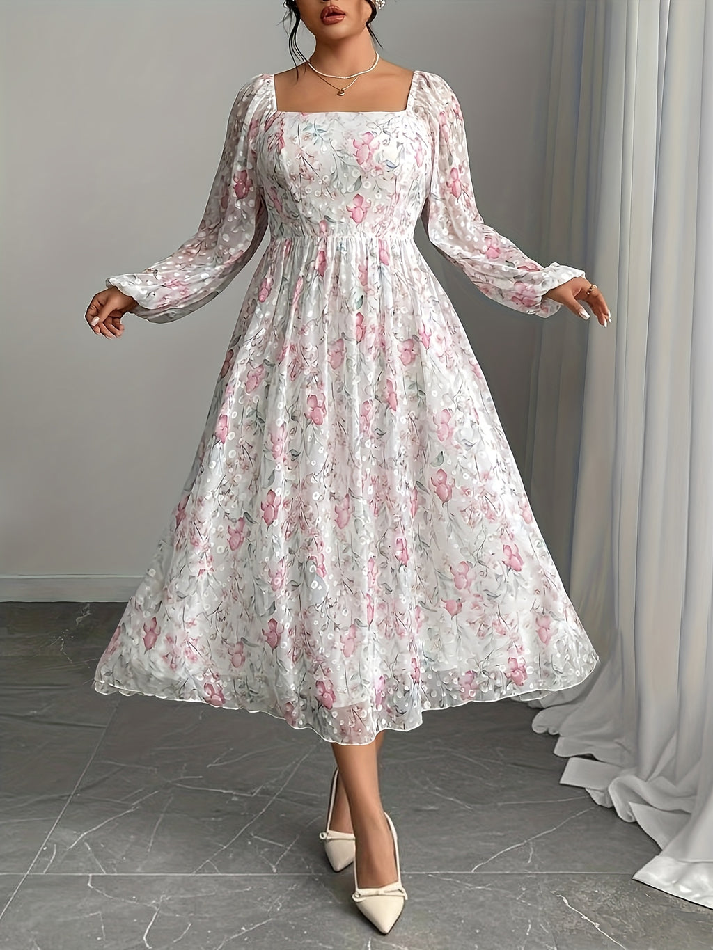 Robe midi grande taille — Plumetis fleuri rose et blanc