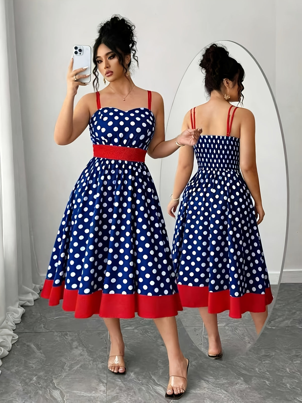 Robe midi grande taille — Pois et large bande rouge à l'ourlet