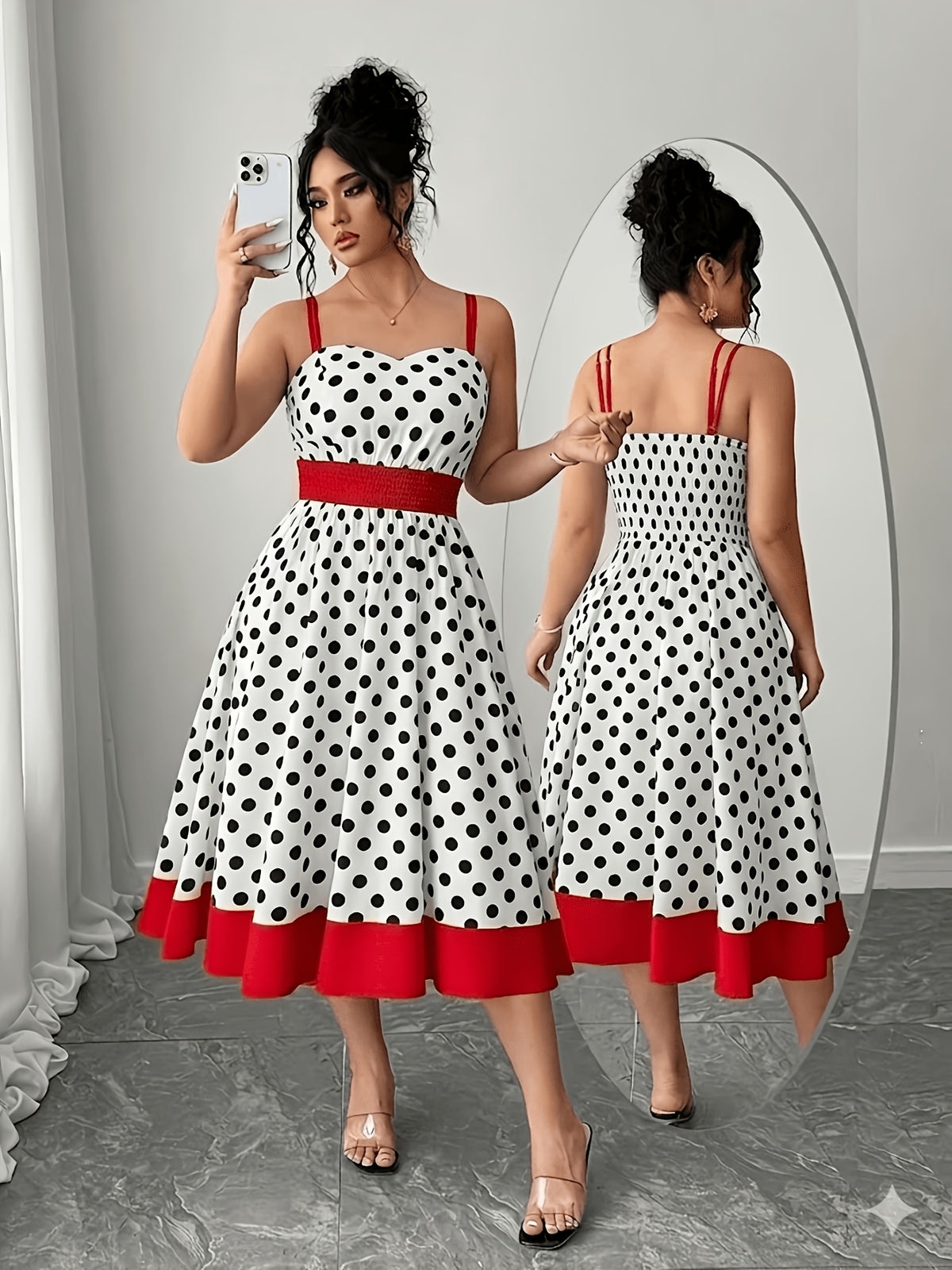 Robe midi grande taille — Pois et large bande rouge à l'ourlet