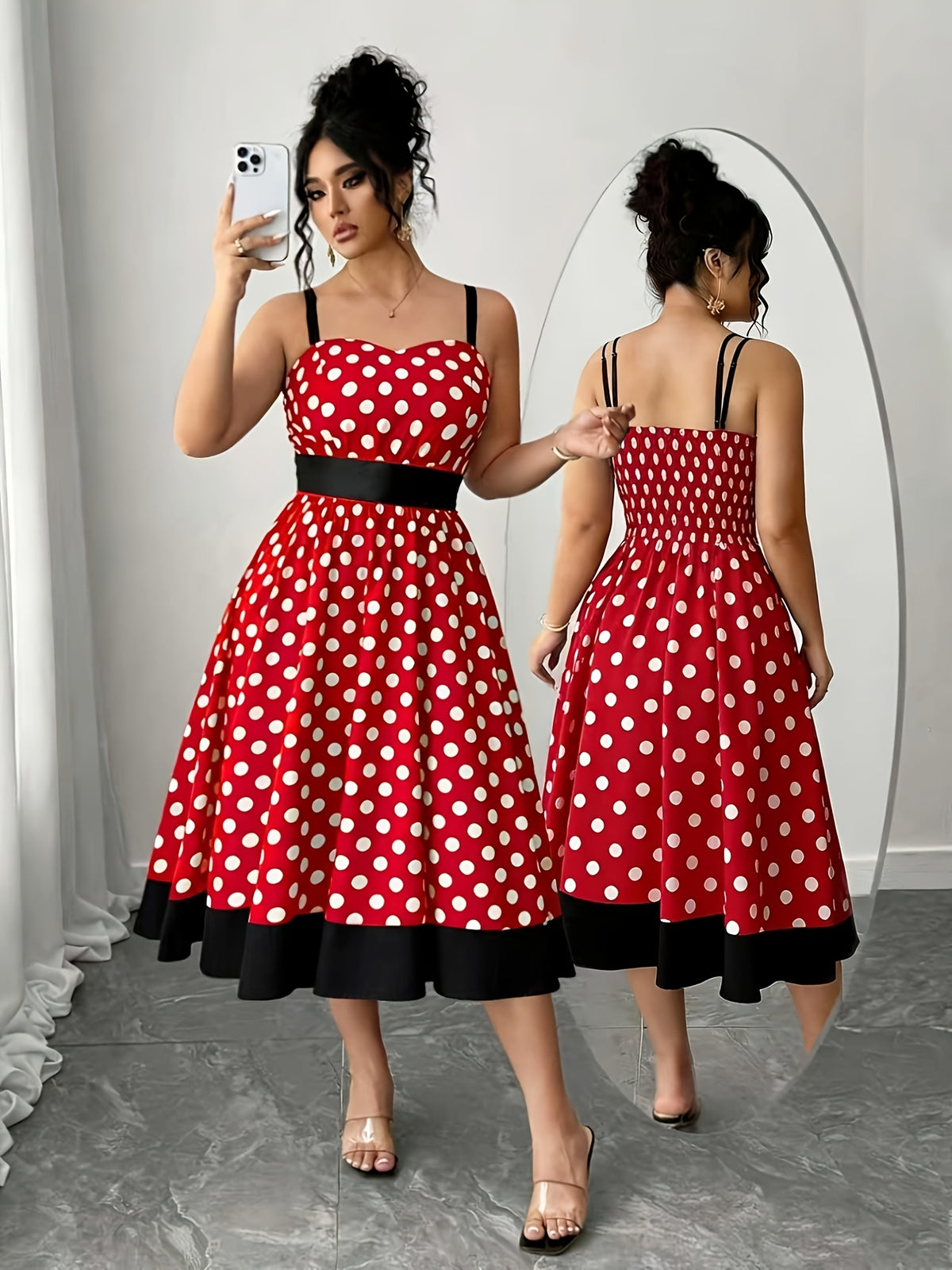 Robe midi grande taille — Pois et large bande rouge à l'ourlet