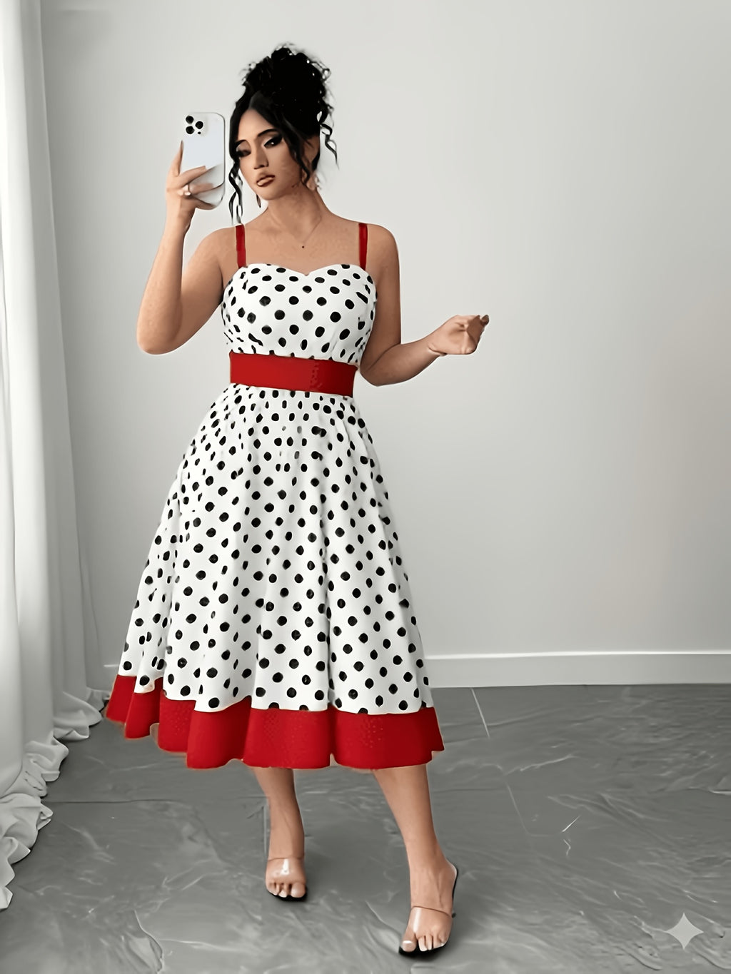 Robe midi grande taille — Pois et large bande rouge à l'ourlet