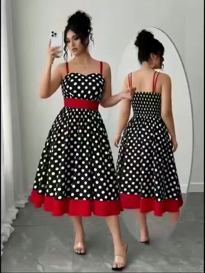 Robe midi grande taille — Pois et large bande rouge à l'ourlet