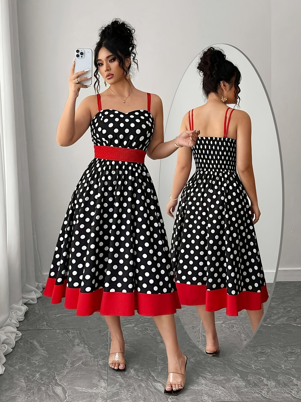 Robe midi grande taille — Pois et large bande rouge à l'ourlet