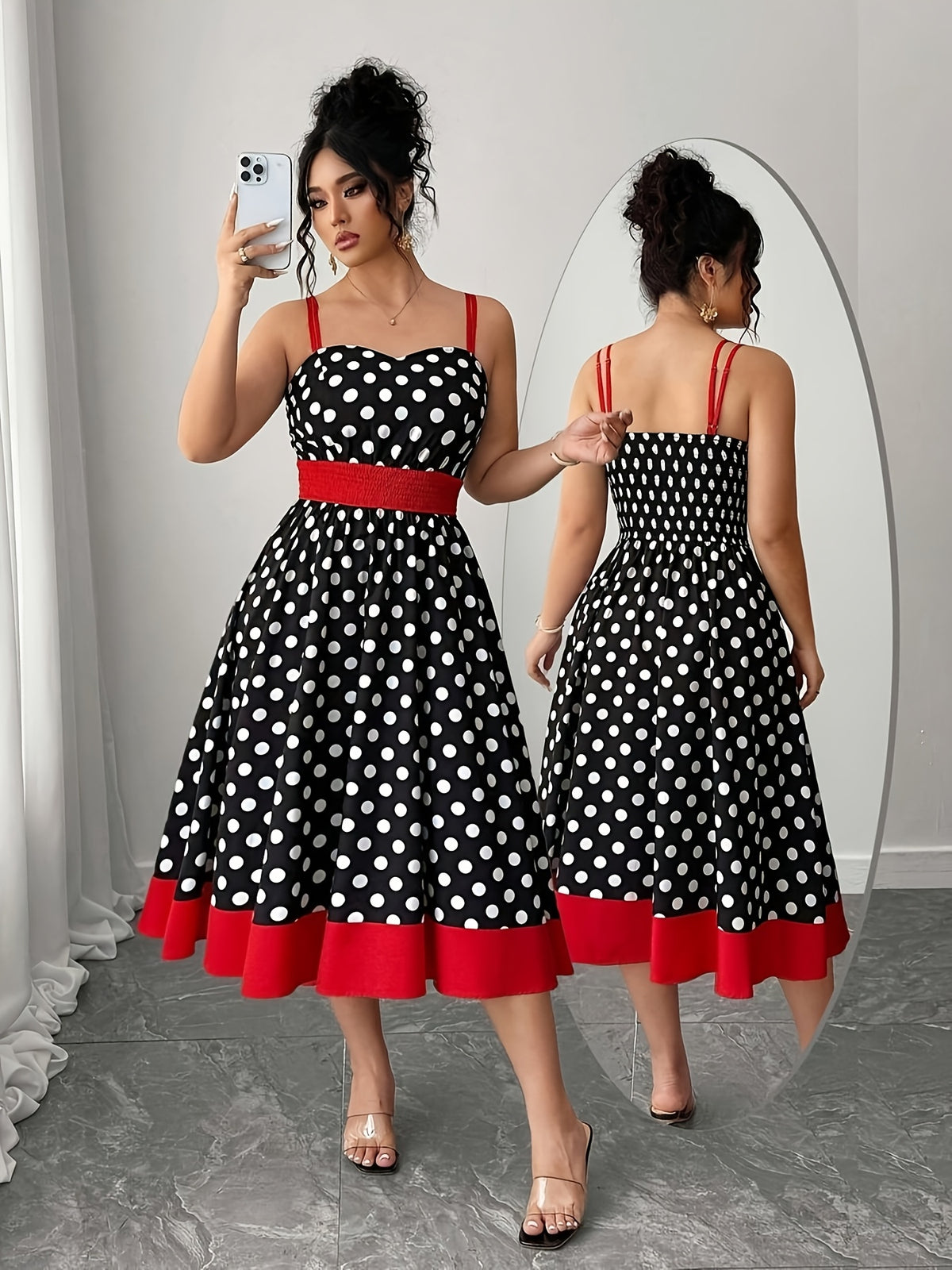 Robe midi grande taille — Pois et large bande rouge à l'ourlet