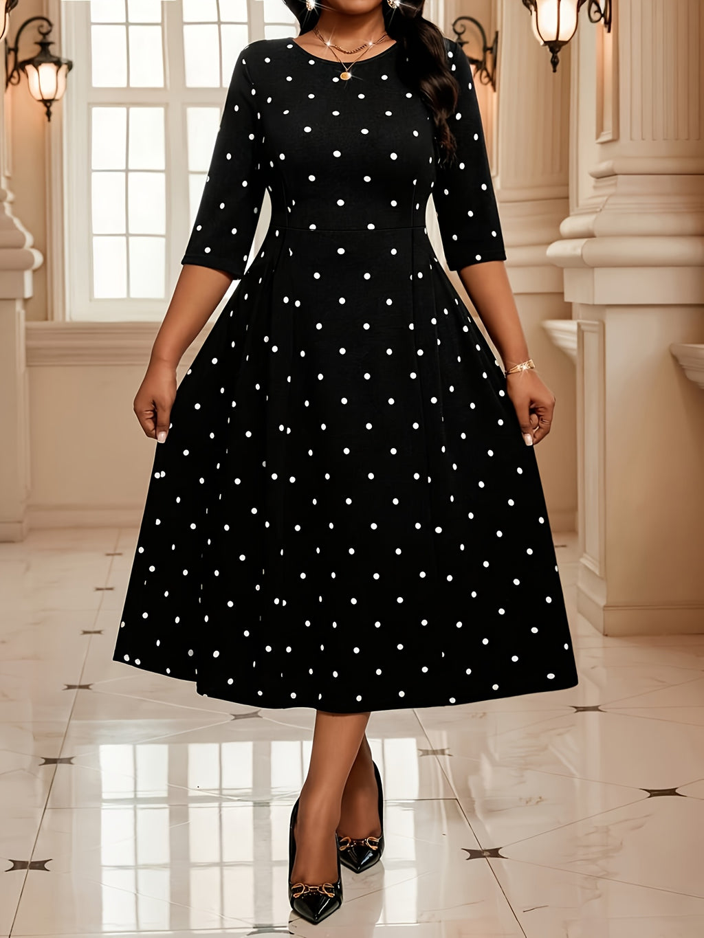 Robe midi grande taille, pois, cinq fonds au choix