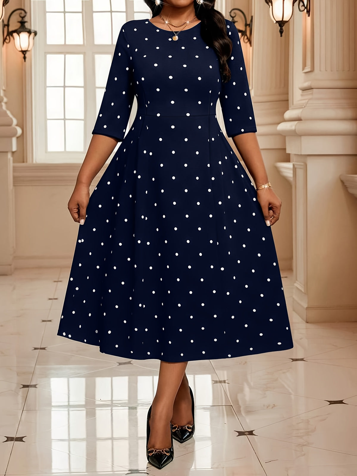 Robe midi grande taille, pois, cinq fonds au choix
