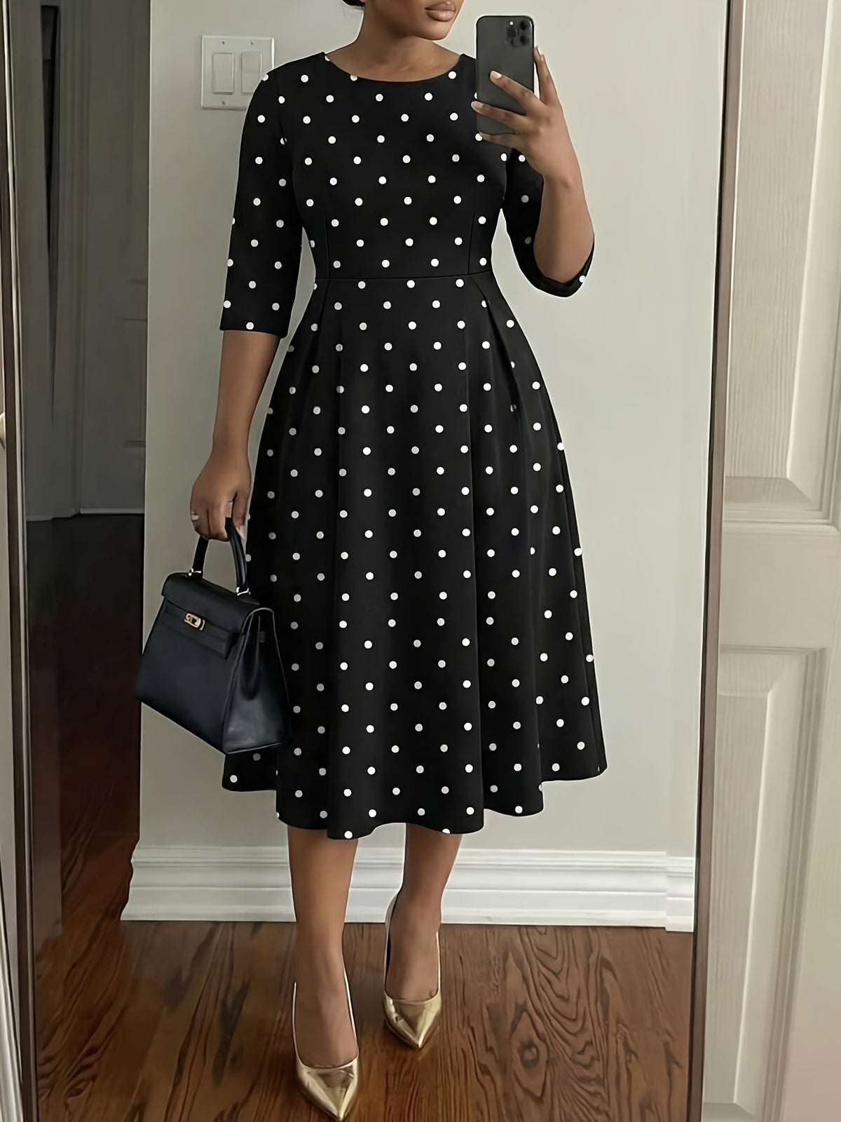 Robe midi grande taille, pois, cinq fonds au choix