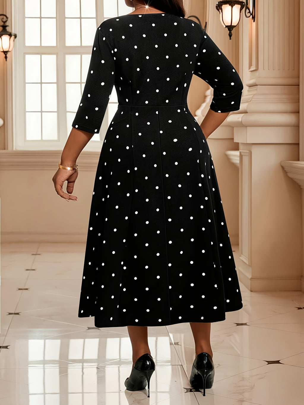 Robe midi grande taille, pois, cinq fonds au choix