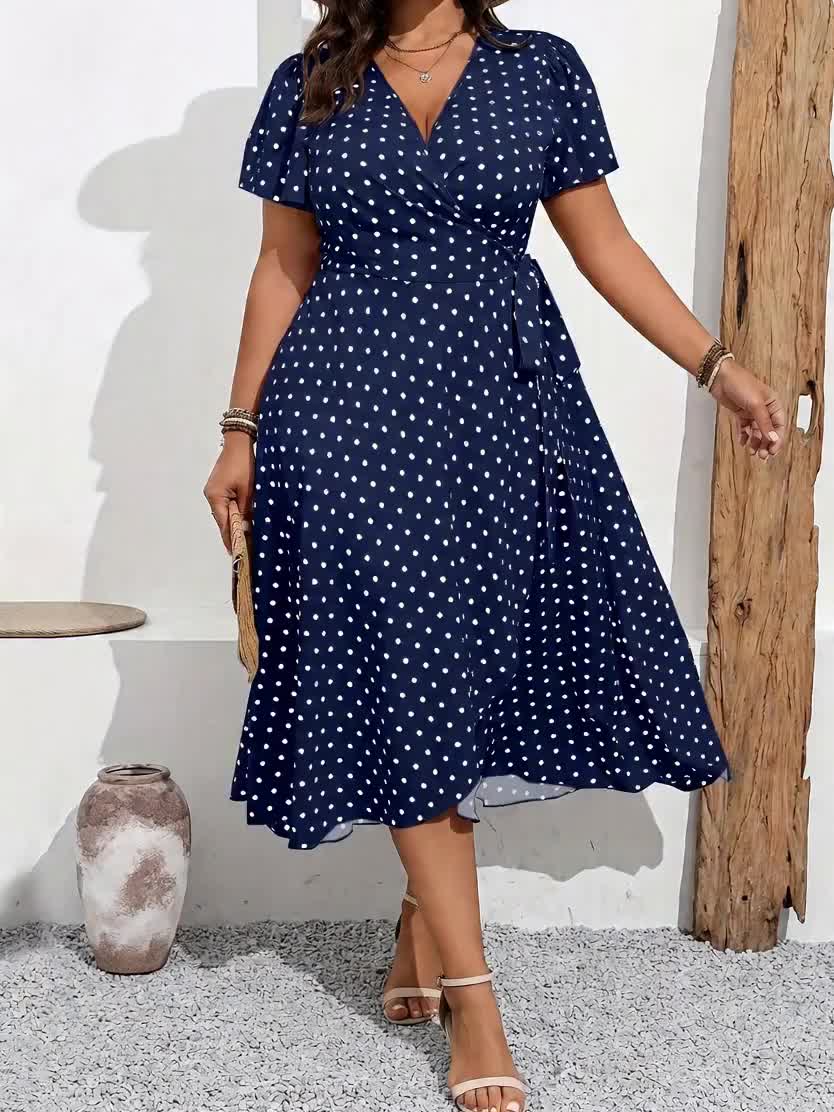 Robe midi grande taille, pois, dos sans fermeture