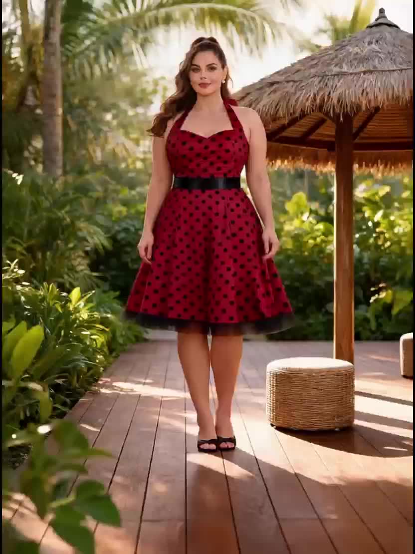 Robe midi grande taille — Pois rouges et jupon en tulle