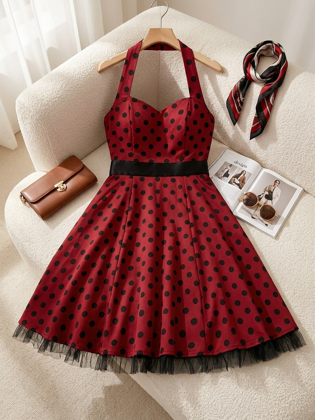 Robe midi grande taille — Pois rouges et jupon en tulle