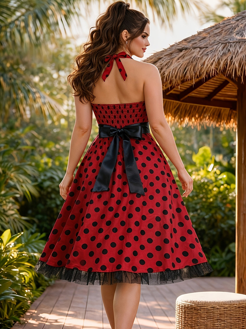 Robe midi grande taille — Pois rouges et jupon en tulle