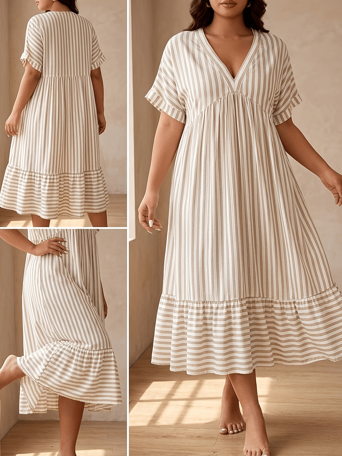 Robe midi grande taille — Rayures beige et volant d'ourlet