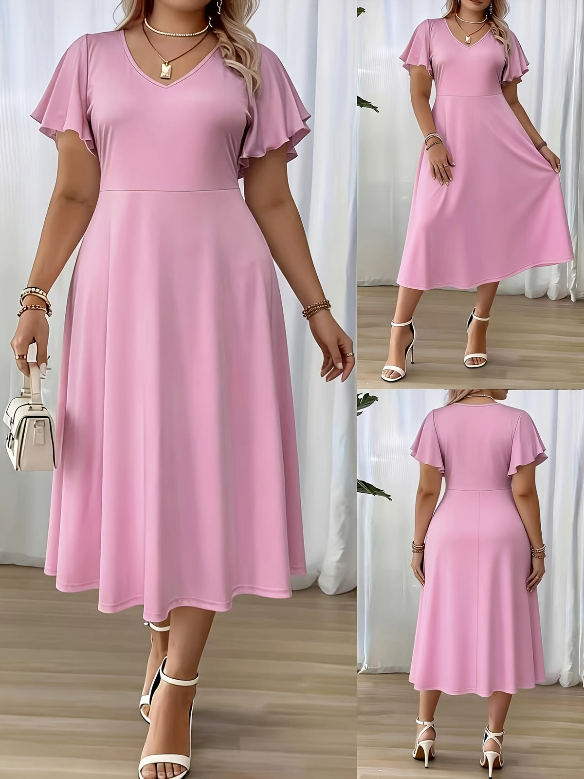 Robe midi grande taille — Rose franc et manches à volants