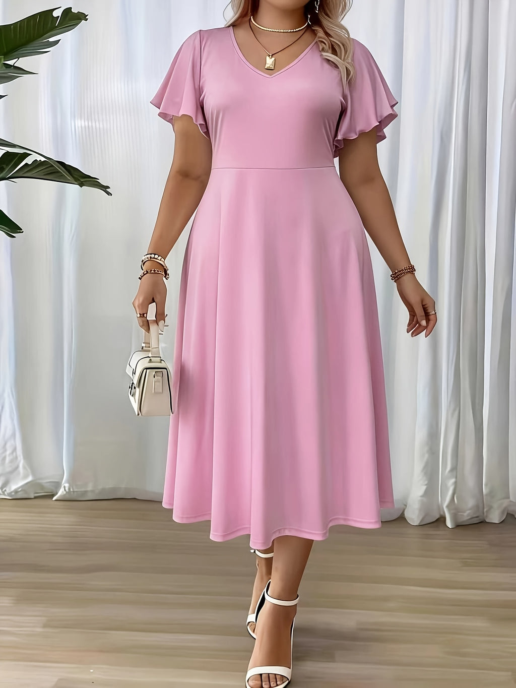 Robe midi grande taille — Rose franc et manches à volants