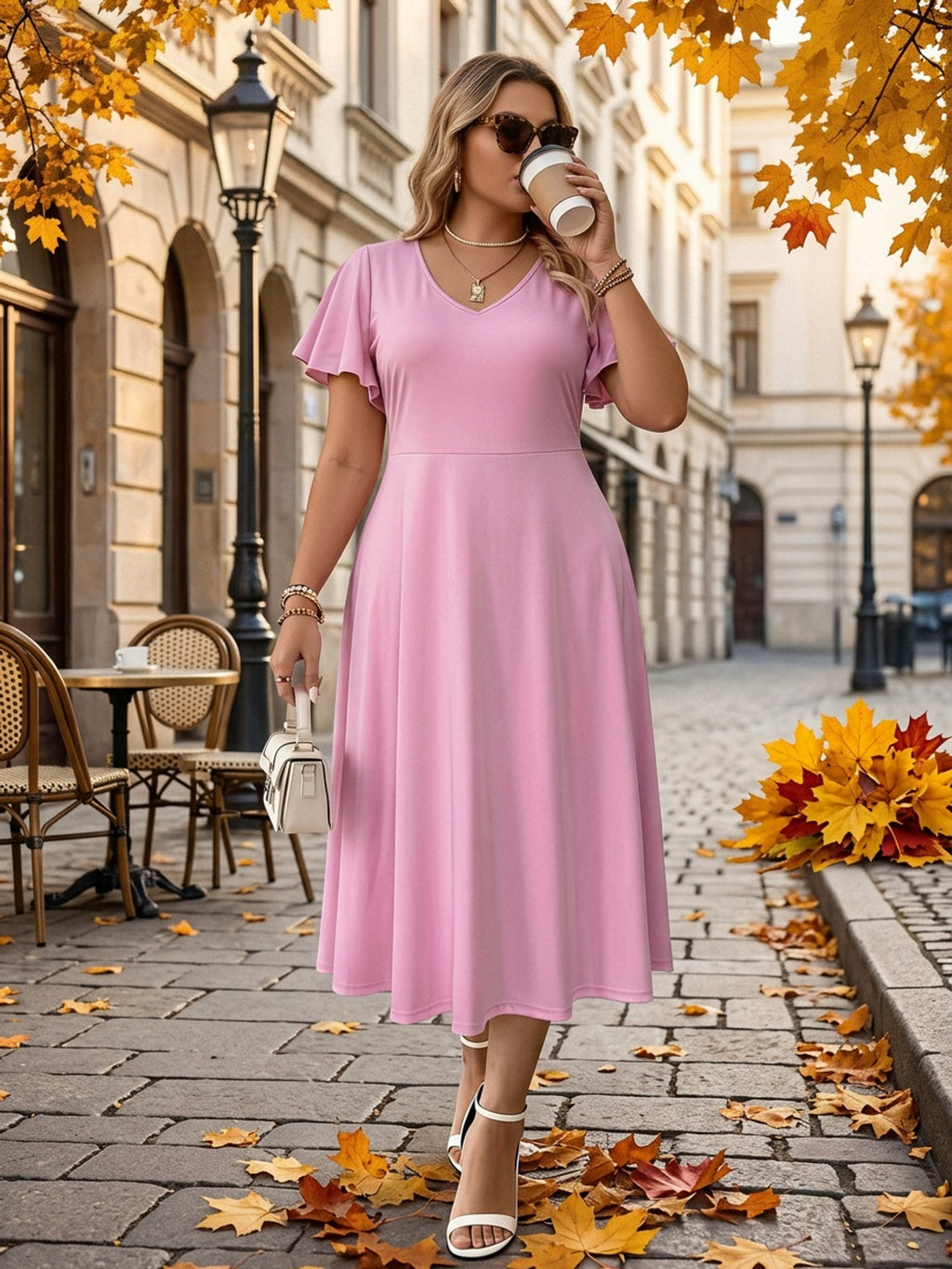 Robe midi grande taille — Rose franc et manches à volants