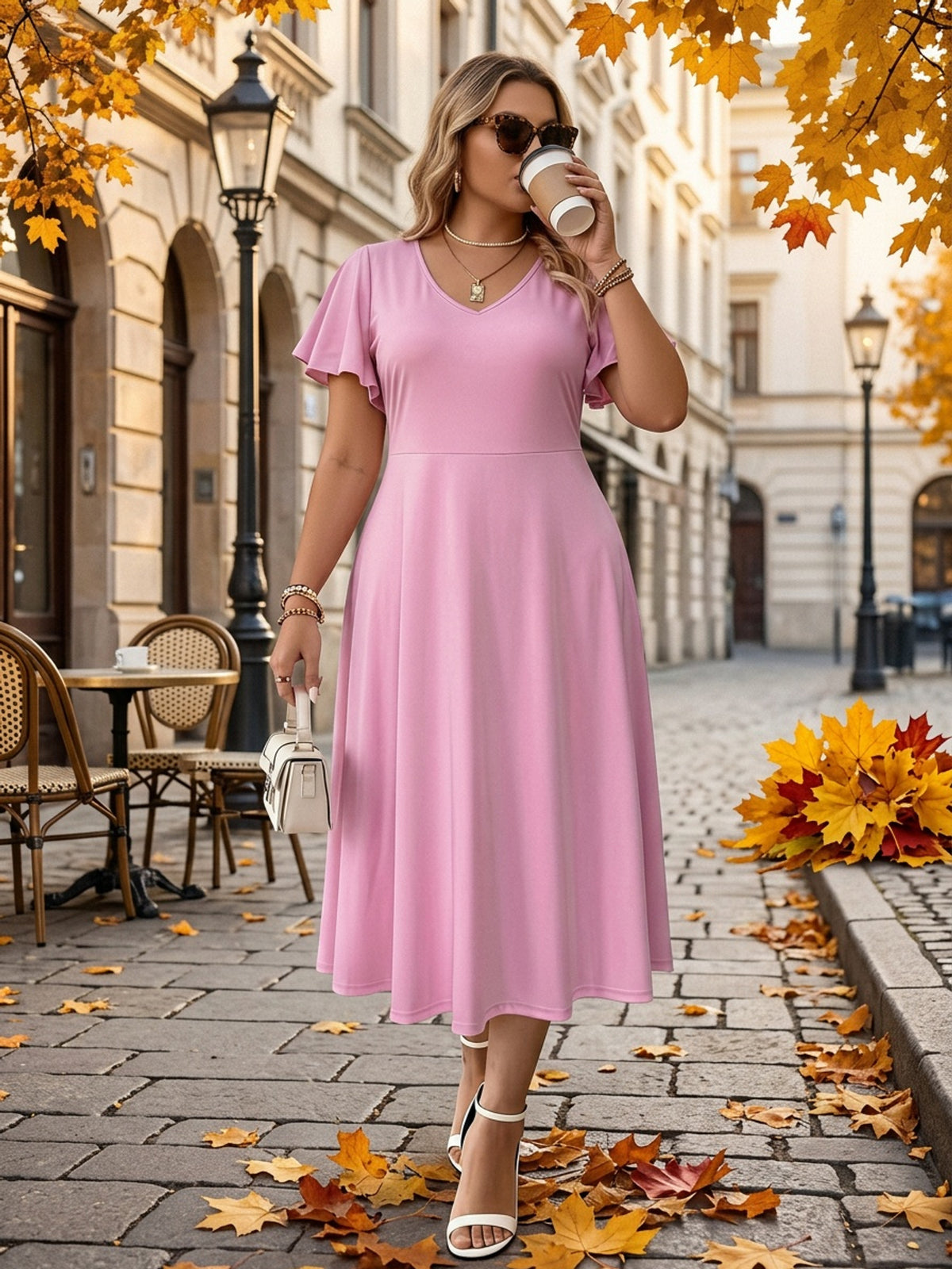 Robe midi grande taille — Rose franc et manches à volants