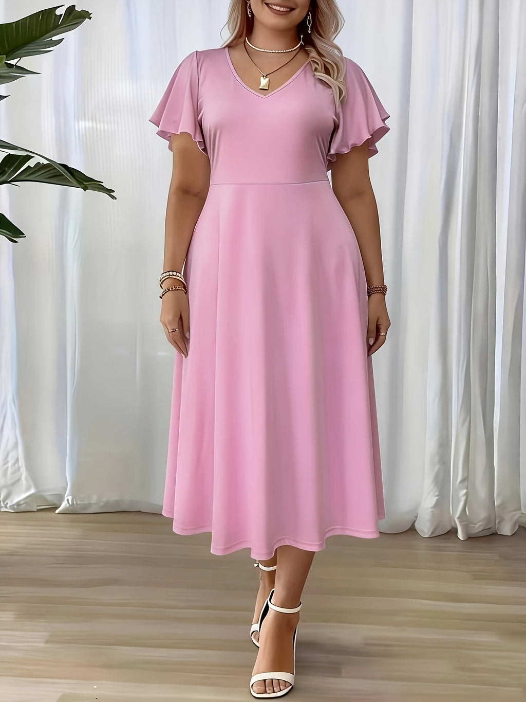 Robe midi grande taille — Rose franc et manches à volants