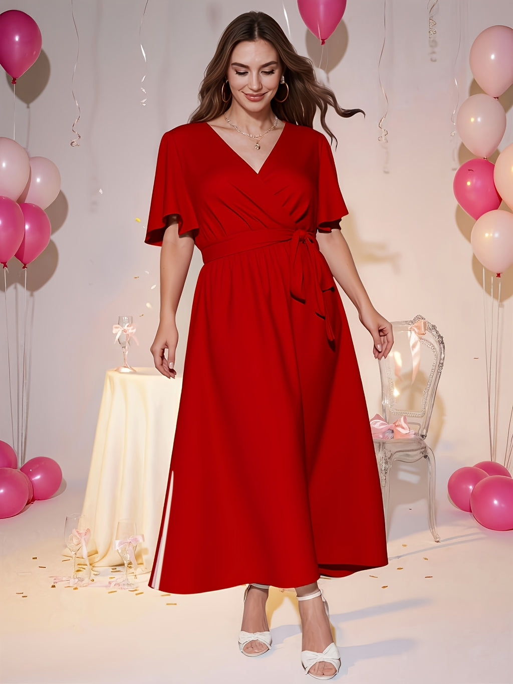 Robe midi grande taille — Rouge à ceinture nouée et fente