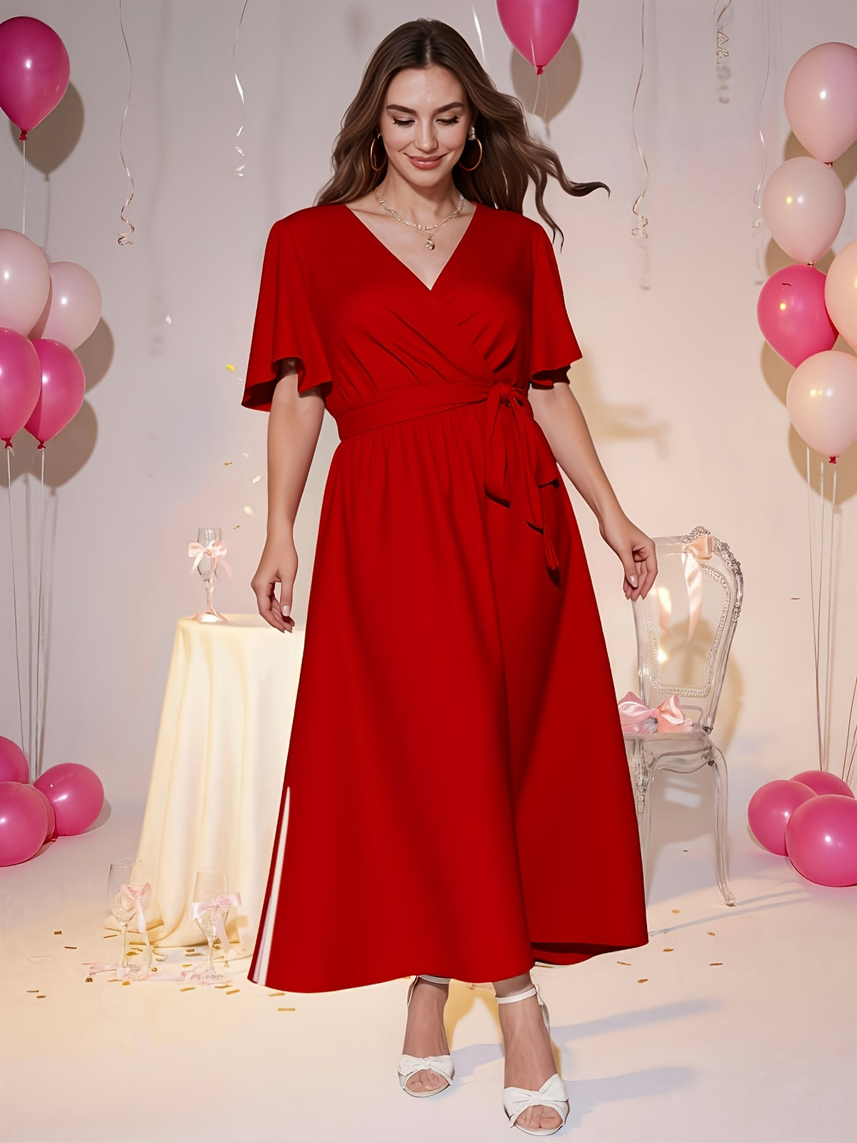 Robe midi grande taille — Rouge à ceinture nouée et fente