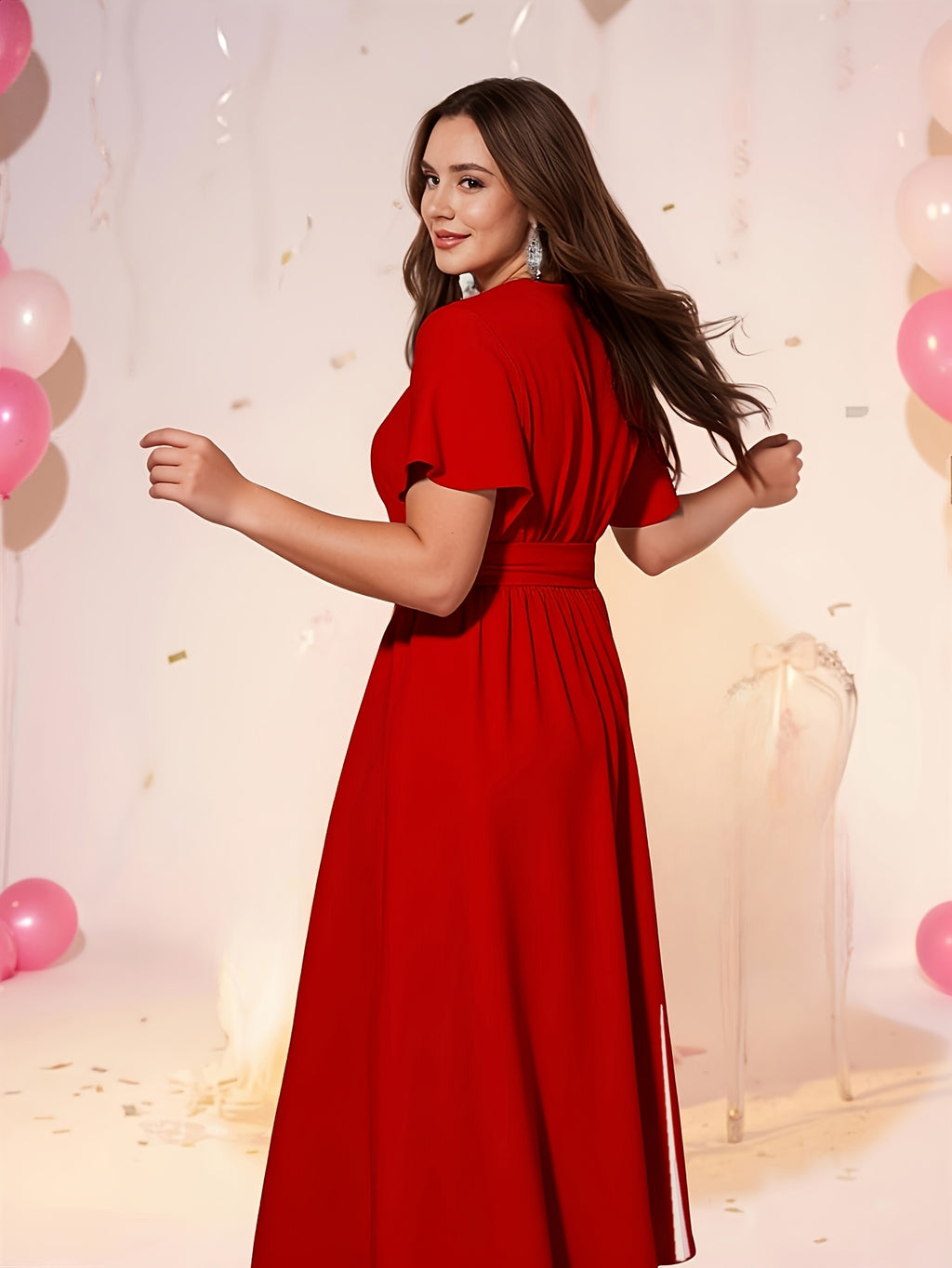 Robe midi grande taille — Rouge à ceinture nouée et fente