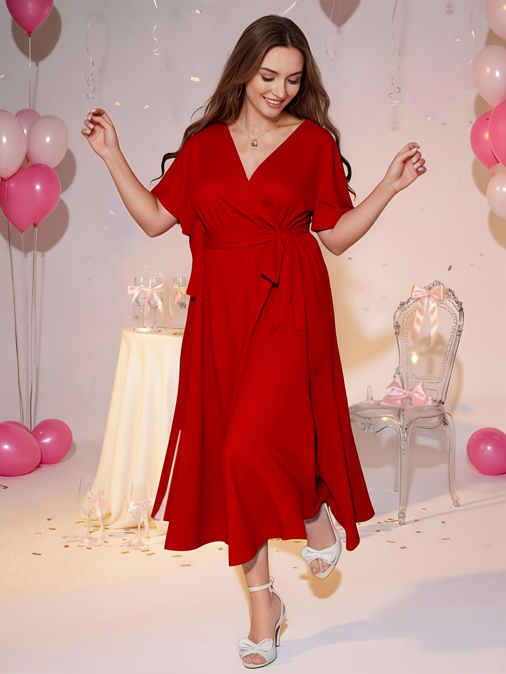 Robe midi grande taille — Rouge à ceinture nouée et fente
