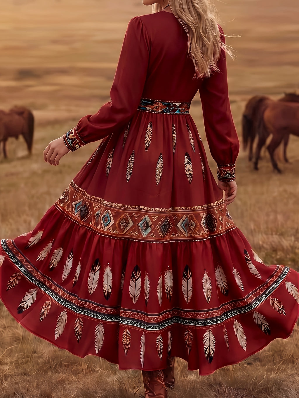 Robe midi grande taille — Imprimé plumes rouge et ethnique