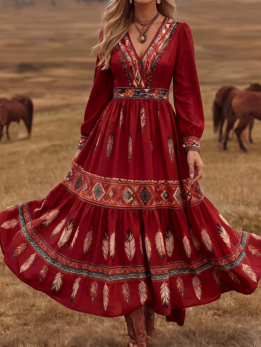 Robe midi grande taille — Imprimé plumes rouge et ethnique