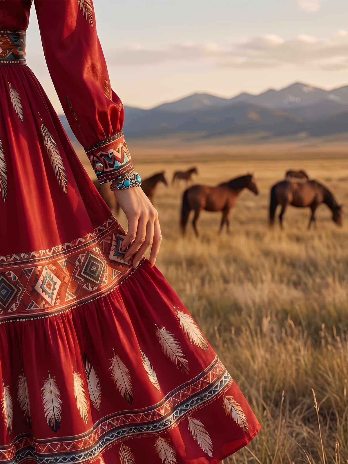 Robe midi grande taille — Imprimé plumes rouge et ethnique