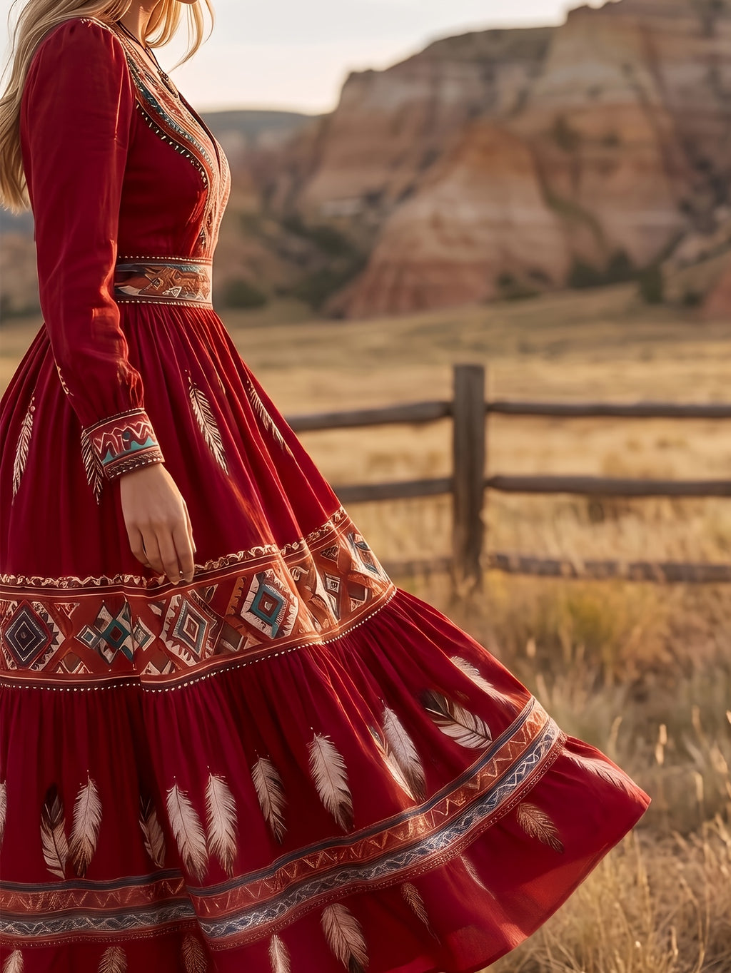 Robe midi grande taille — Imprimé plumes rouge et ethnique