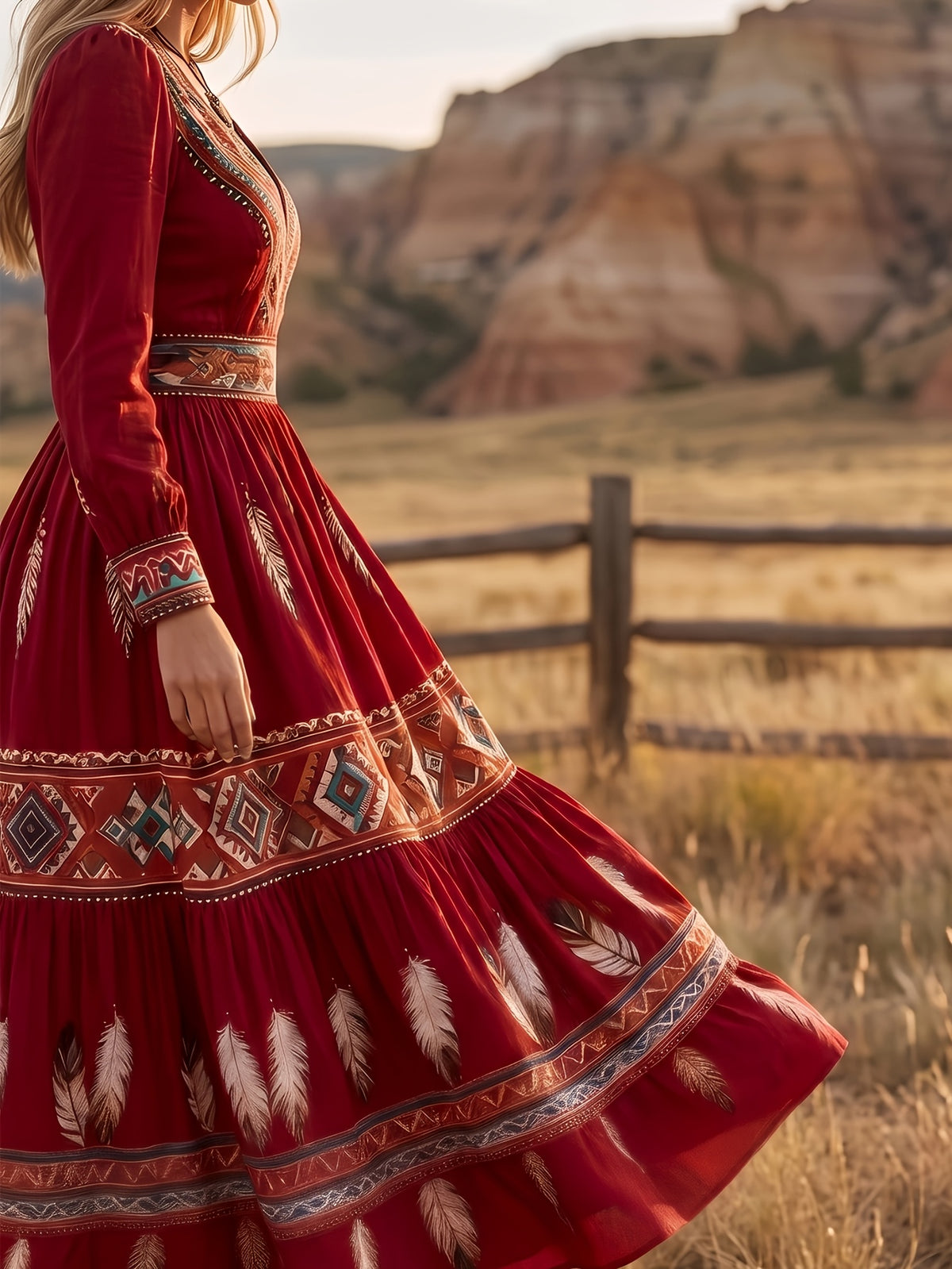 Robe midi grande taille — Imprimé plumes rouge et ethnique