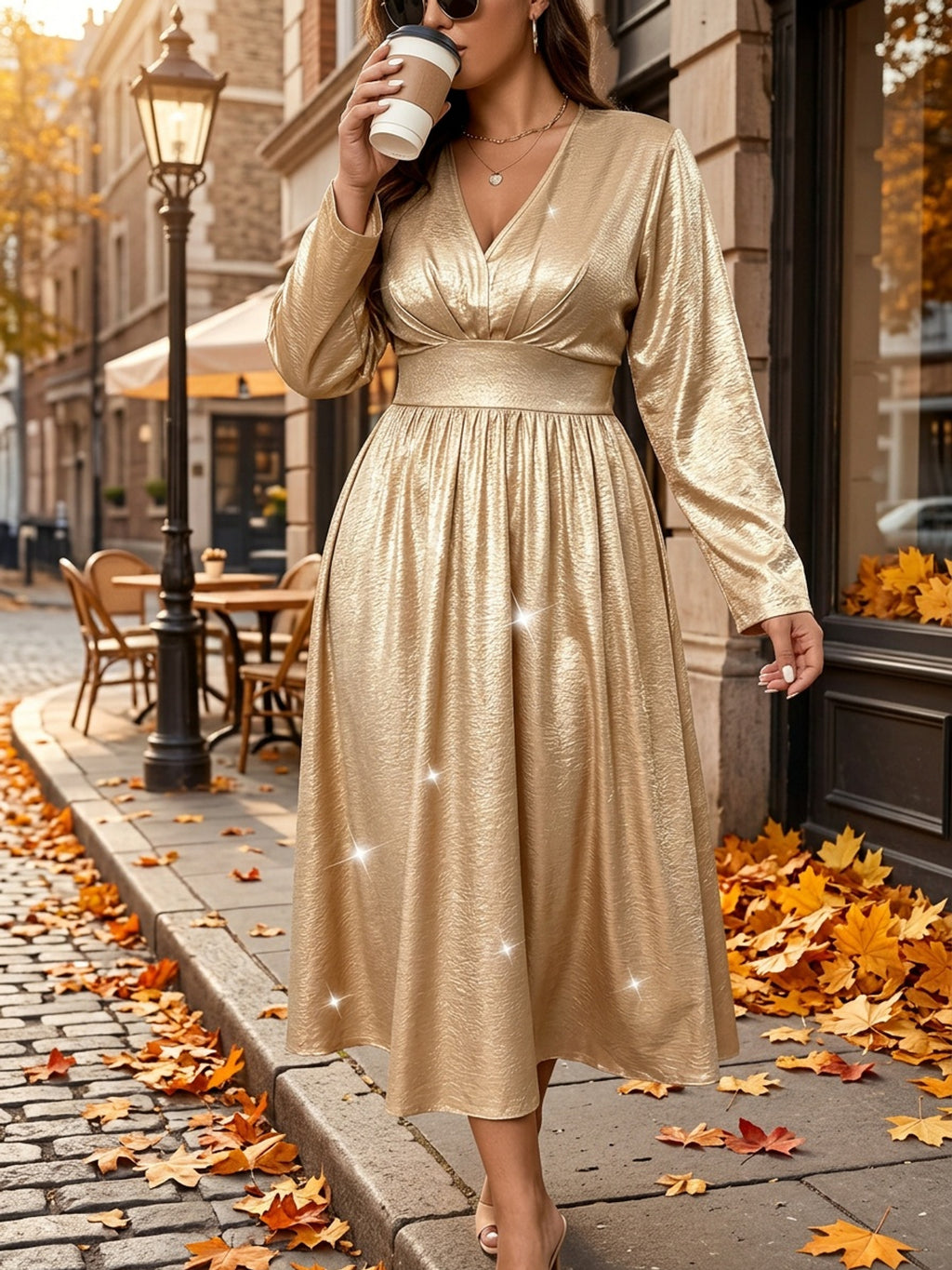 Robe midi grande taille — Manches ballon, satin champagne